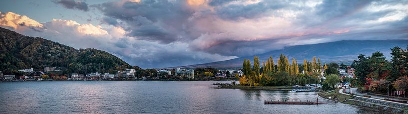 Blue-purple sunset over autumnal lake Kawaguchiko in Japan photo print by Manja Herrebrugh - Outdoor by Manja