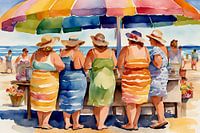 Femmes chaleureuses autour d'un stand de glaces sur la plage