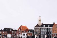 Beaconesserkerk behind canal houses in Haarlem, at the Spaarne