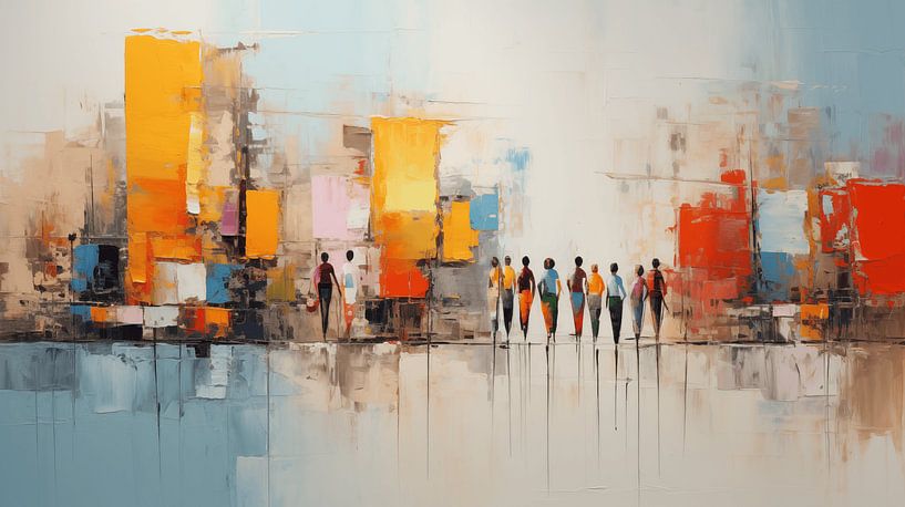 Abstract painting in the city with shopping mall people, house, street colour, watercolour art design by Animaflora PicsStock