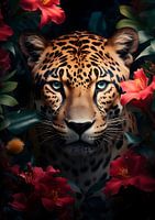 Jaguar umringt von Blumen