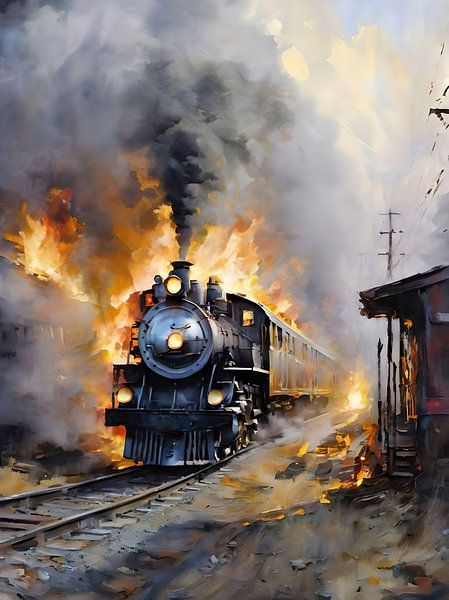 Train à vapeur en feu par Retrotimes