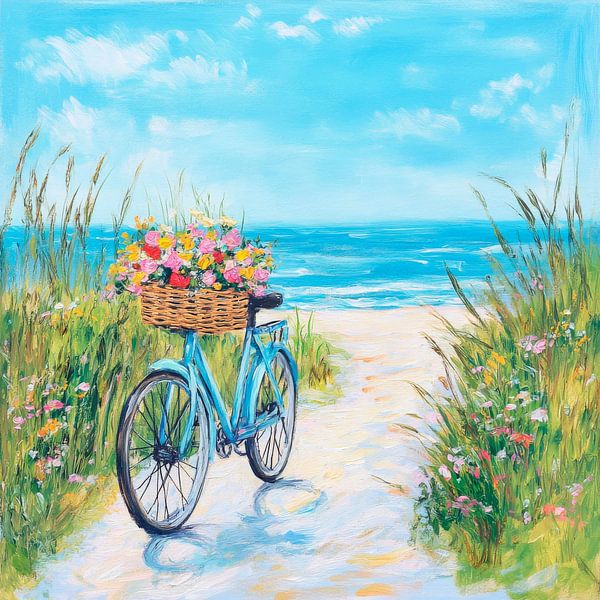 Vélo bleu avec des fleurs sur la plage par Poster Art Shop