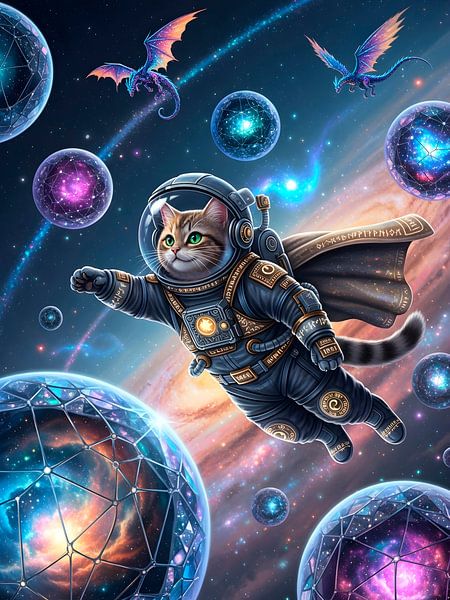 Brave cat astronaut flies among cosmic dragons and vibrant, glowing, galaxy filled by HASANUL FAUZIE