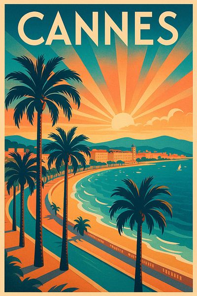 Affiche Cannes Art Déco - Riviera Glamour au coucher du soleil par Travel Shop