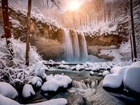 waterval in besneeuwd bos
