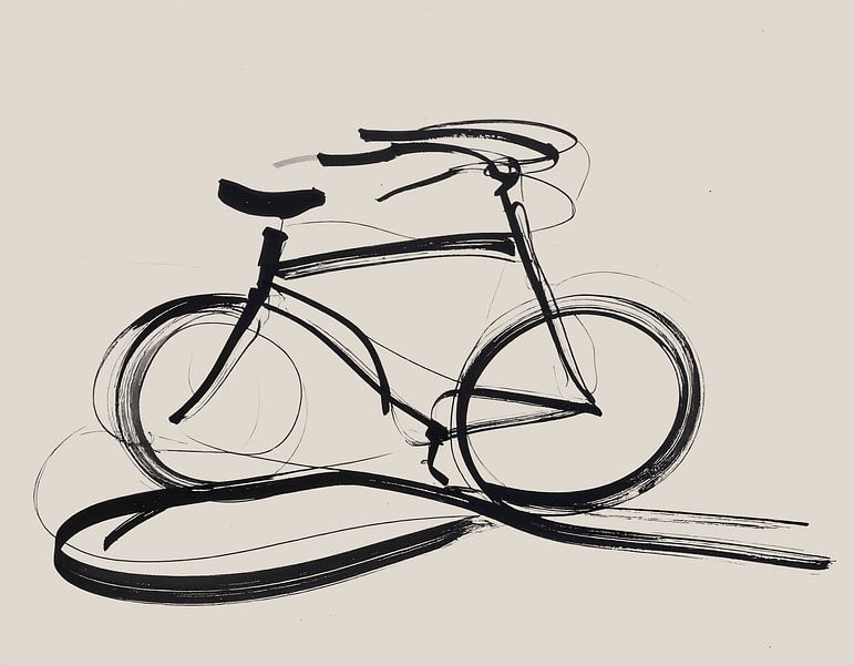 Minimal art - abstract artwork with black lines on beige background - bicycle by Emiel de Lange