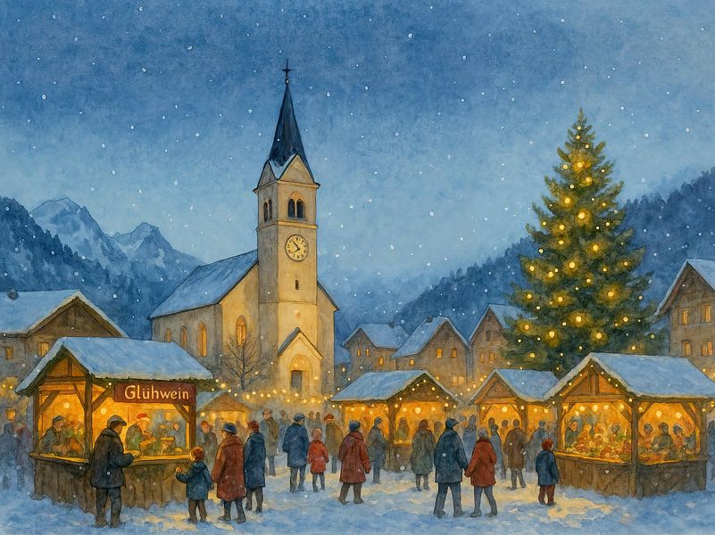 Marché de Noël dans les Alpes (AI) (Glühwein, Noël, vacances, hiver, église, fête de Noël, sapin de Noël) par Natalie Bruns