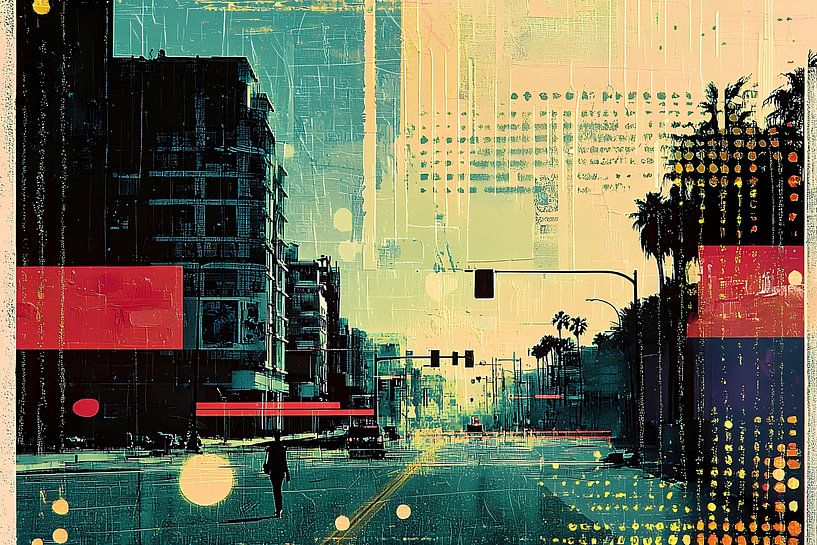 Stylish retro poster with graphic elements and dots. Evening city. by Ariadna de Raadt-Goldberg