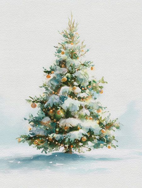 Stimmungsvolles Aquarell Weihnachtsbaum in winterlicher Stille von But First Framing