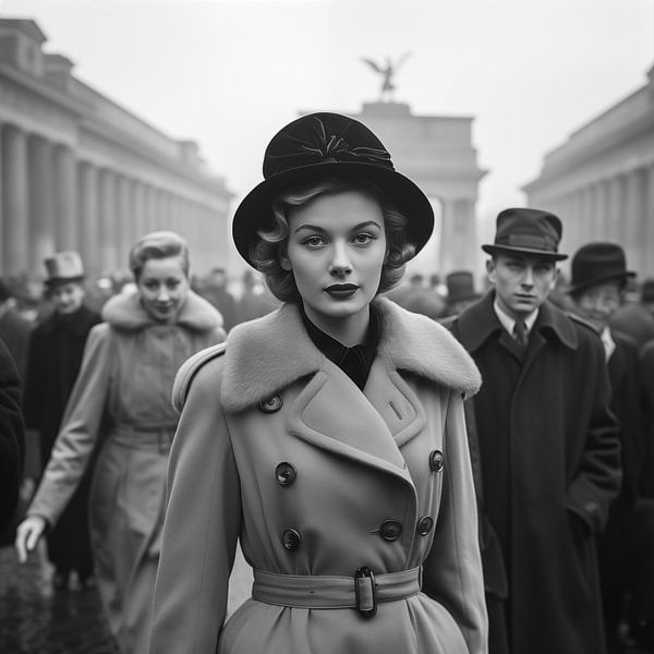 Woman walking in the street wearing a fur coat and hat, analogue photo of the 1950s in the style of the time by Animaflora PicsStock