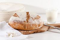 Selbstgebackenes Sauerteigbrot auf einem Holzbrett, mit Gärkorb, Messer, Gallonenmilch vor einem hel