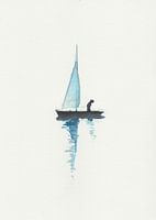Original hand painted watercolor of lonely boat with figure