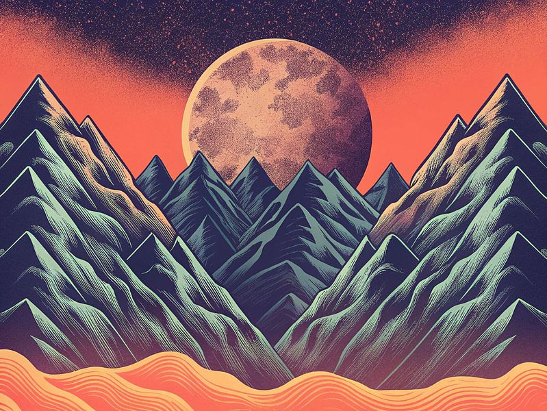 Ätherische mondbeschienene Berglandschaft: Eine stilisierte kosmische Morgendämmerung über majestätischen Gipfeln und flüsternden Dünen von Artistic