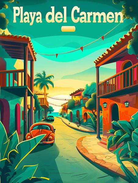 Playa del Carmen Sonnenuntergang Boulevard: Retro Mexiko Poster von Travel Shop