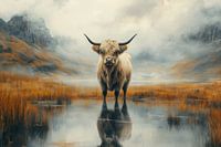 Scottish Highlander in Mirrored Mountain Landscape