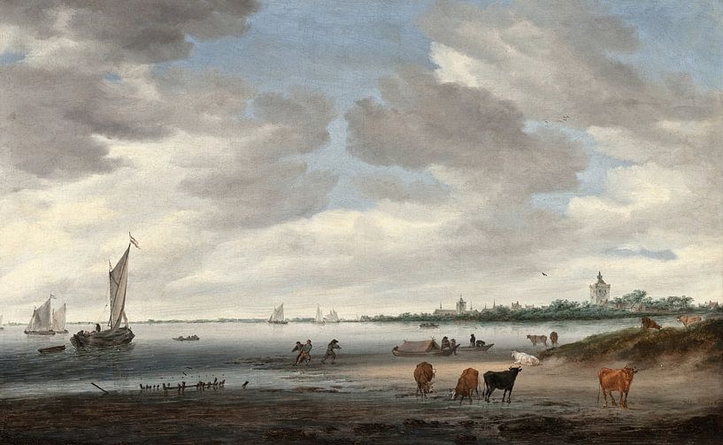 Blick auf den Fluss Lek und die Stadt Vianen, Salomon van Ruysdael war eine niederländische Landscha von Meisterhafte Meister