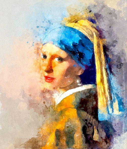 Fille avec boucle d'oreille en aquarelle par Arjen Roos