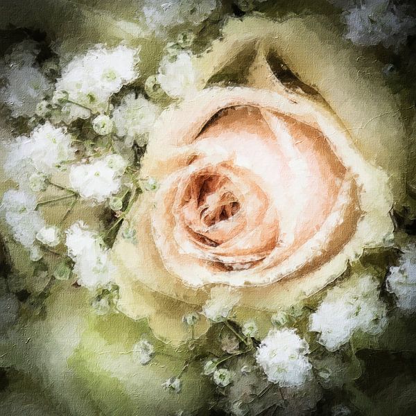 Rosa Rose mit Schleierkraut (Gemälde, Stillleben) von Art by Jeronimo