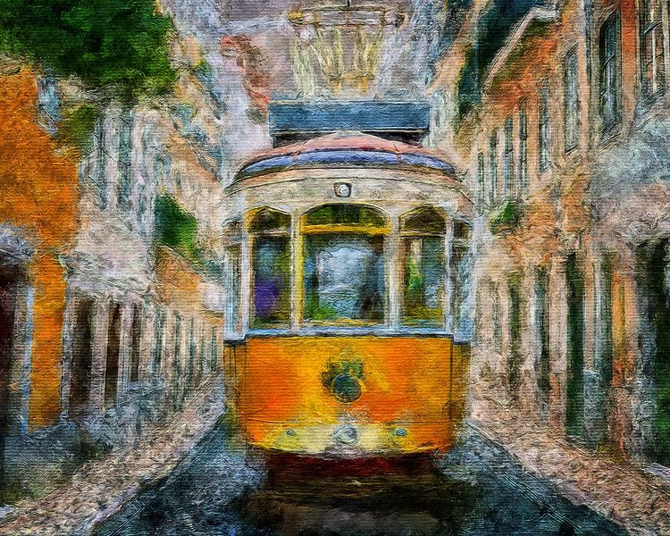 Portugiesische Straßenbahn auf der Straße (Kunst) von Art by Jeronimo