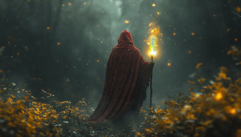 Rätselhafte Gestalt mit Fackel im Regenschleier von artefacti