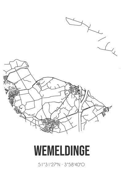 Wemeldinge (Zeeland) | Carte | Noir et blanc par Affiches de lieux