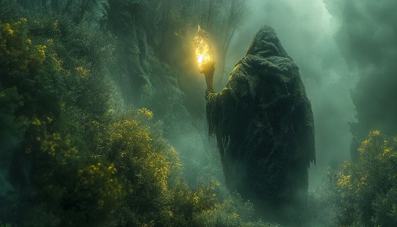 Mystischer Wanderer im nebelverhangenen Felsental von artefacti