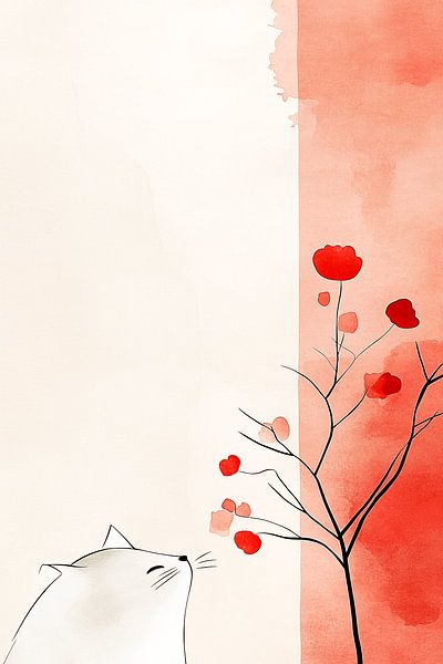 Die weiße Katze und der rote Blütentraum | Wo sich Schnee und Feuer küssen von Karina Brouwer