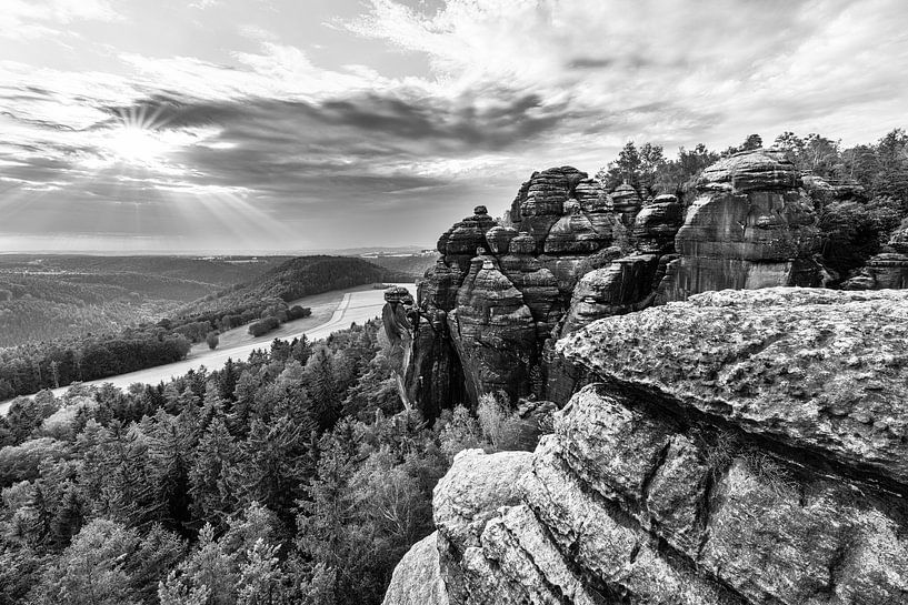 Elbe Sandstone Mountains - Lookout in the evening light - black and white by Ralf Lehmann