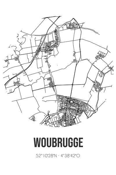 Woubrugge (Hollande méridionale) | Carte | Noir et blanc par Affiches de lieux