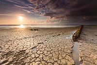 Voetstappen en strekdam in wadden modder bij zonsondergang. 