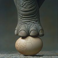 Unzerbrechlich | Stärke und Verletzlichkeit. Elefantenbein balanciert subtil auf einem zerbrechlichen Ei.