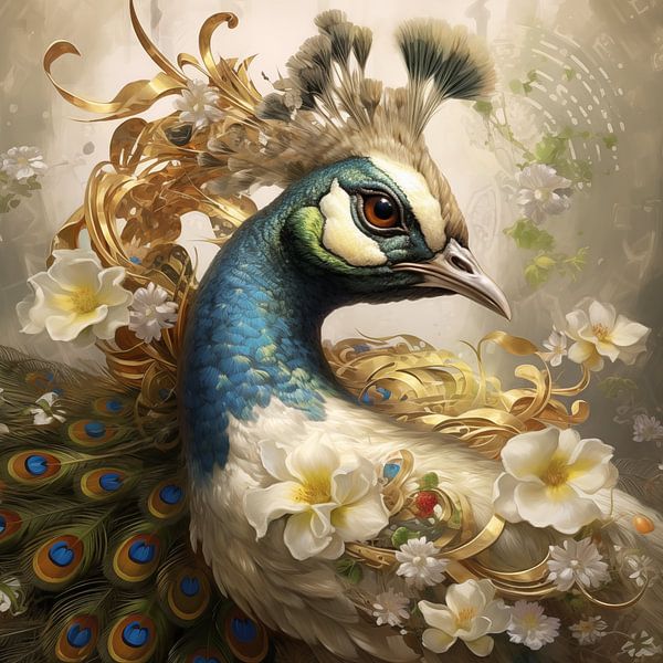 Majestätischer Pfau mit floralen Ornamenten von Emil Husstege