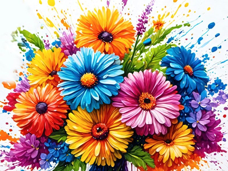 Composition de fleurs sauvages colorées sur fond blanc par A.D. Digital ART