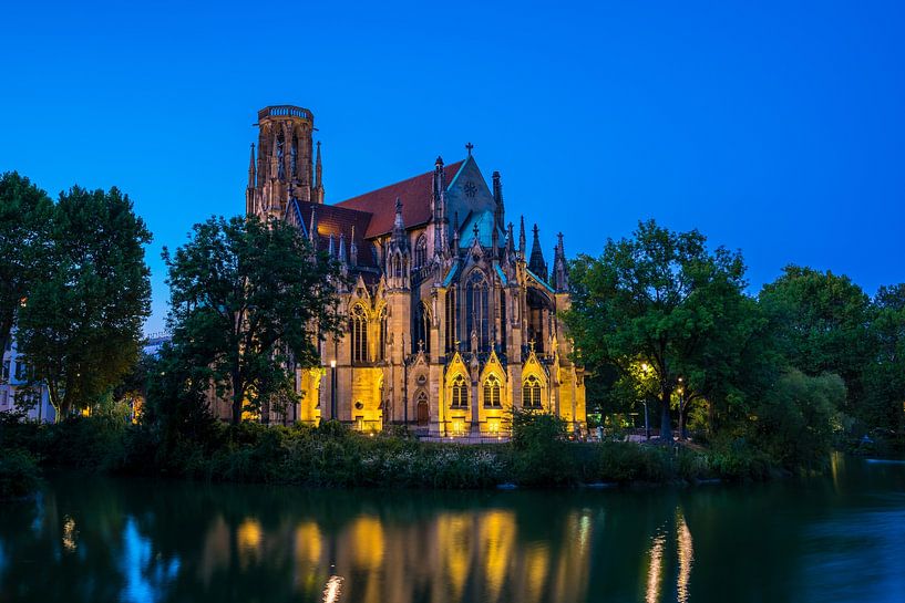 Germany, Stuttgart feuersee church building illuminated by night by adventure-photos