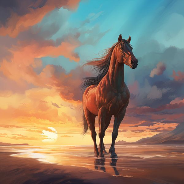 Brown horse stands on a sandy beach under a cloudy blue and orange sky with sunset. by Animaflora PicsStock