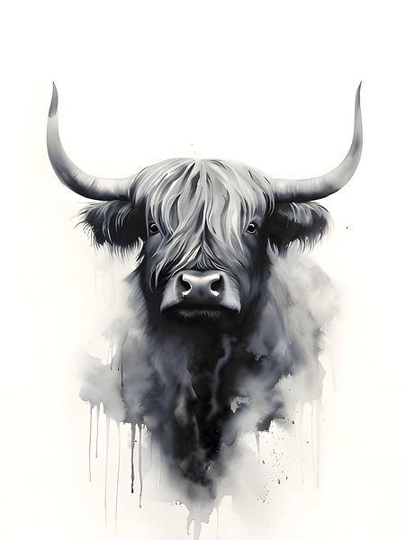 Nahaufnahme eines schottischen Hochlandbewohners, schwarz-weißes Aquarell von Moody Mindscape
