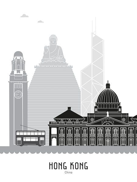 Skyline-Illustration Hongkong, China schwarz-weiß-grau von Mevrouw Emmer