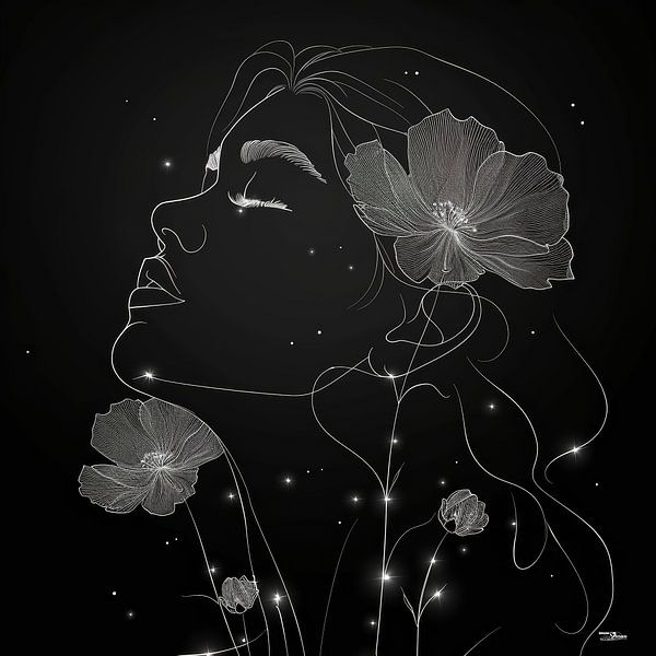 line drawing of a woman with a flower by Gelissen Artworks
