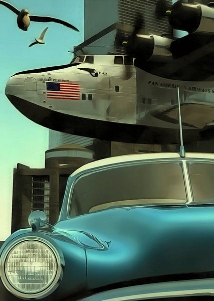 Retro – Klassiek Oldtimer-auto en vliegtuig met vrijheidsmeeuwen van Jan Keteleer