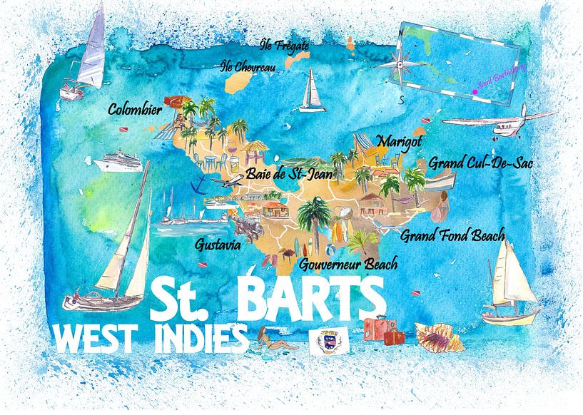 St. Barts Antilles Illustrated Caribbean Map with Highlights of the West Indies Dream by Markus Bleichner
