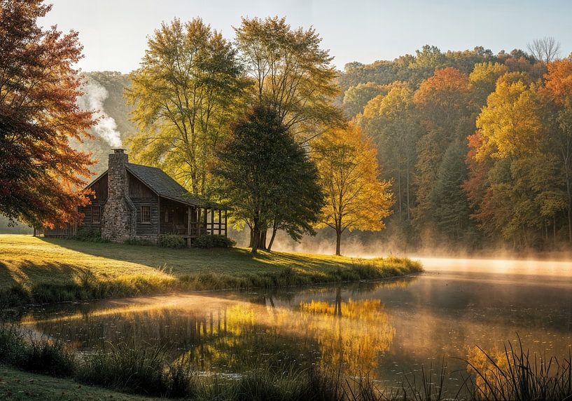 Cabane au bord d'un lac avec feuillage d'automne par Markus Gann