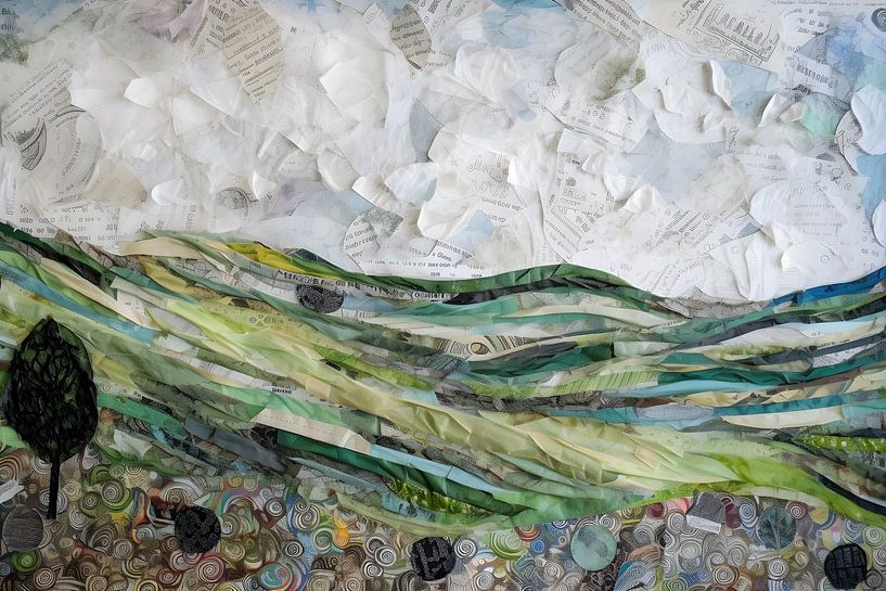Landscape of newsprint and acrylic paint by Jan Bechtum