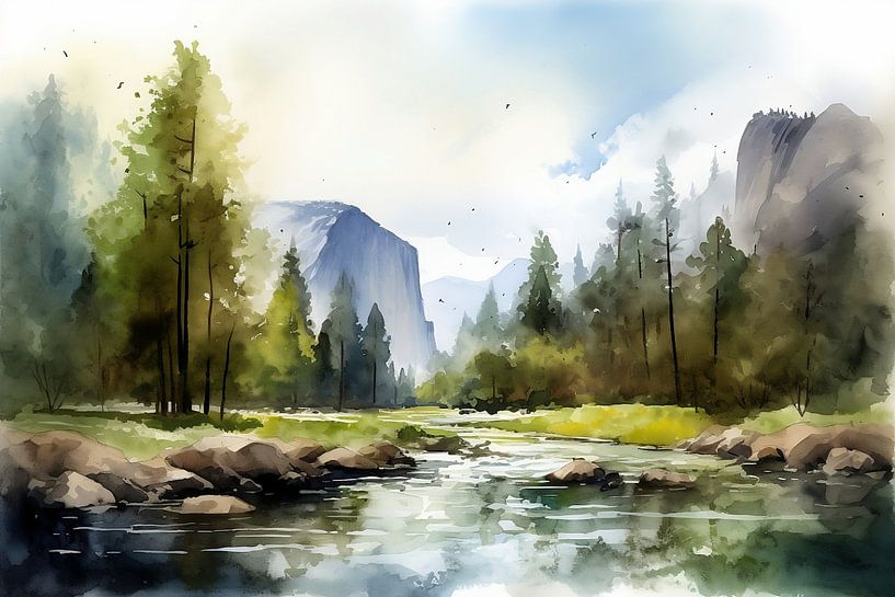Aquarelle Paysage Yosemite National Park par NJ Midnight Studio