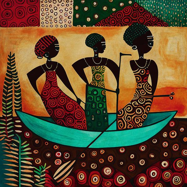 Three women in Africa on the road in a boat by Jan Keteleer