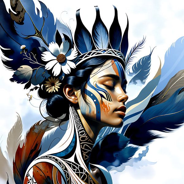 A woman with blue feathers by Ljupka Kareska