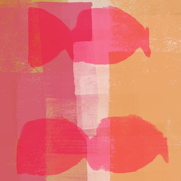 Rode vormen op geel en roze. Moderne abstracte kunst. van Dina Dankers