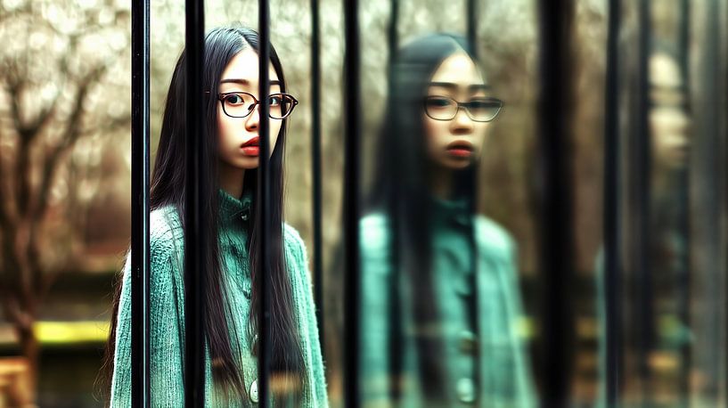 Thoughtful young Japanese woman behind glass by Frank Heinz