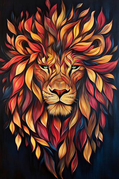Löwe mit buntem Blätterkleid von Poster Art Shop