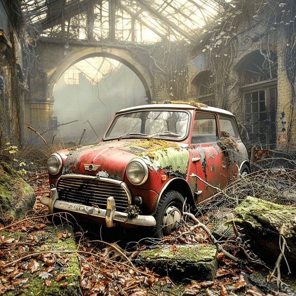 Lost Place Mini Cooper rusted red forgotten backyard by gm_designs